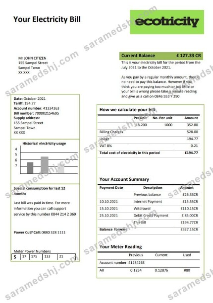 United Kingdom Ecotricity electricity utility bill template in Word and PDF format (.doc and .pdf)
